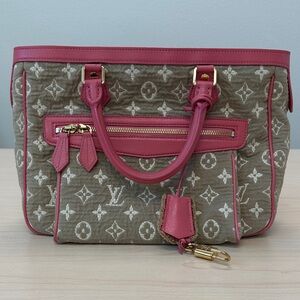 Louis Vuitton authentic classic logo handbag. Pink trim with tan and white.